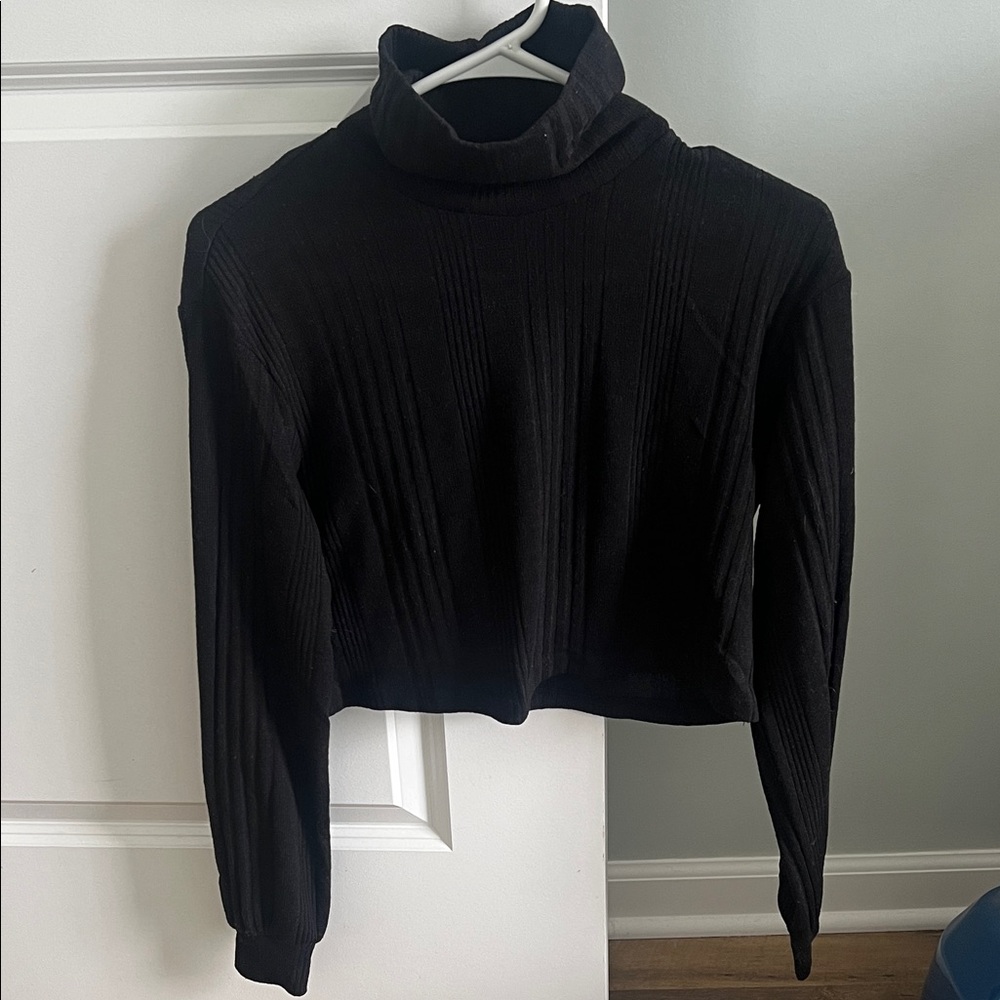 Black Turtleneck Ribbed Crop Top - Women